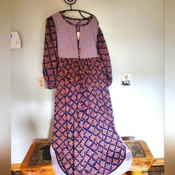Free People Indigo Combo Long Bell Sleeve Maxi Sz. L Dress - Picture 1 of 15